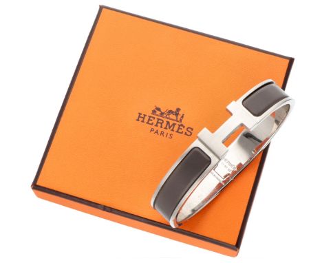 Hermès 'Clic H' steel bangle bracelet with dark colored enamel. Hallmarks: -Hermes-, made in France. Serial number: FI 01 89.