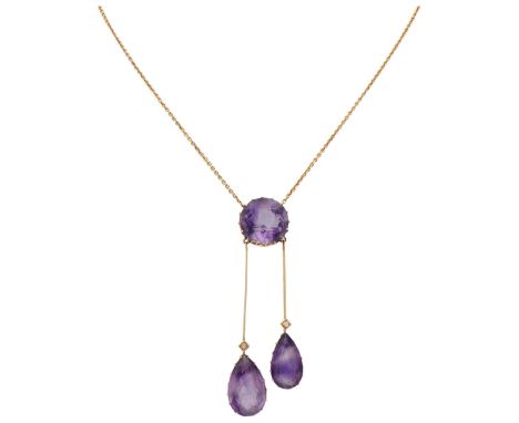 18K. Yellow gold negligee necklace set with approx. 13.56 ct. amethyst and diamond. Hallmarks: 750, 18K, GWB. Set with one ro