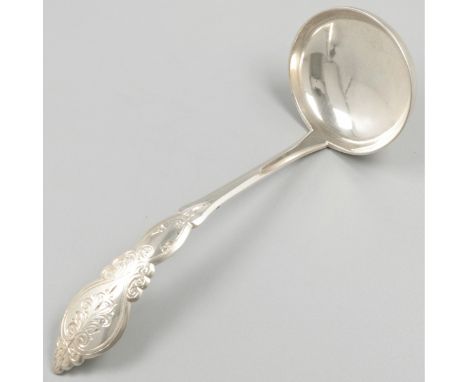 Sauce spoon silver. Beautiful model with engraved Biedermeier decoration. Netherlands, 1897, hallmarks: lion, Minerva, faded 