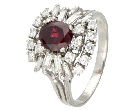 14K. White gold cocktail ring set with approx. 0.98 ct. diamond and synthetic ruby. Hallmarks: 585. Set with 16 Swiss cut and