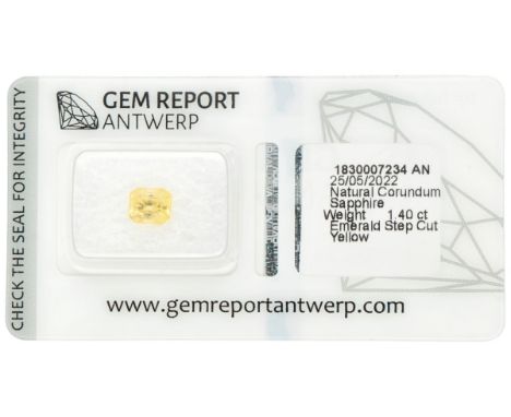 Gem Report Antwerp certified natural sapphire of 1.40 ct. Indication of heat treatment. Cut: Emerald step cut, color: Yellow,