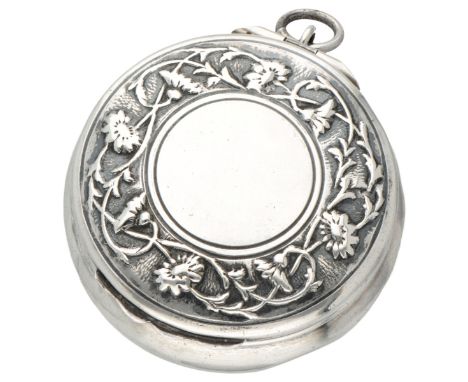 Vintage 800 silver French floral decorated compact / powder box pendant. Hallmarks: boar's head, illegible French maker's mar