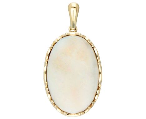 Vintage 14K. yellow gold pendant set with approx. 13.59 ct. white precious opal. Hallmarks: 585. Set with a cabochon cut whit