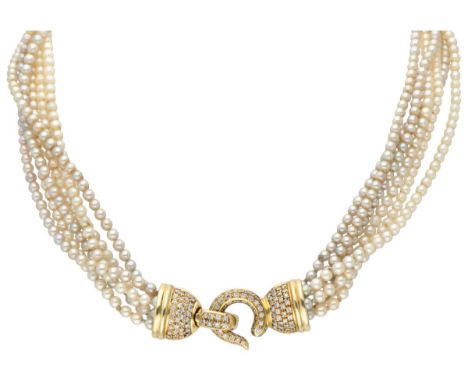 Six-row pearl necklace with an 18K. yellow gold closure set with approx. 1.00 ct. diamond. Hallmarks: 750. Maker's mark: 2319