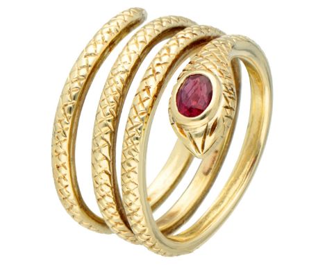 Vintage 14K. yellow gold snake ring set with approx. 0.32 ct. natural ruby. Hallmarks: 585, possible maker's mark, import hal