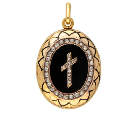 Antique 18K. yellow gold mourning medallion pendant with star and cross set with rose cut diamond. Hallmarks: 750. In good co