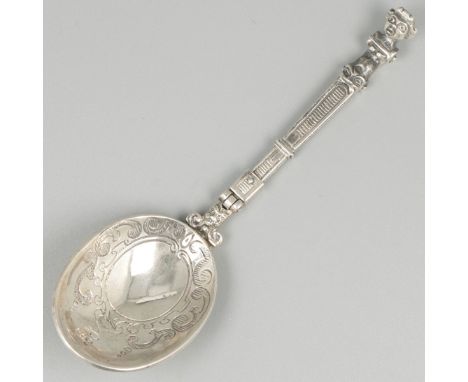 Travel cutlery silver. After a 17th-century example, consisting of a fork with a removable oval spoon tray. The fork has a lo