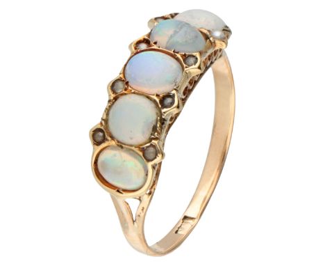 Antique 14K. yellow gold 5-stone ring set with opal and seed pearl. Hallmarks: 585, illegible hallmark. In good condition, on