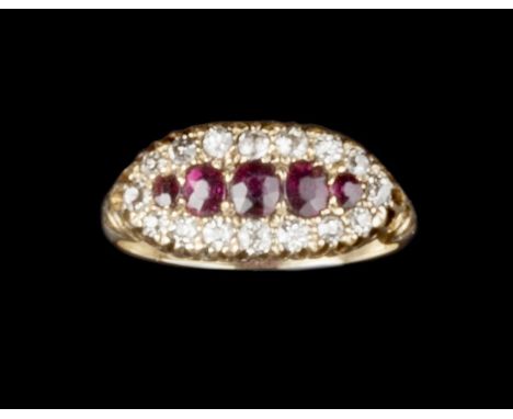 A RUBY AND DIAMOND DRESS RING, centred with five graduated oval mixed-cut rubies, framed by old and single-cut diamonds, betw
