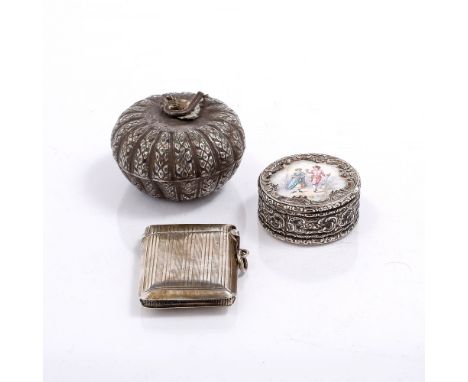 A CONTINENTAL SILVER AND ENAMEL CIRCULAR BOX with figure decoration bearing import marks, 4.4cm diameter; a gourd shaped box 