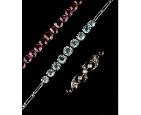 A COLLECTION OF GEM SET JEWELLERY, comprising a ruby, diamond and half pearl bar brooch, of pierced scrolled design (later fi