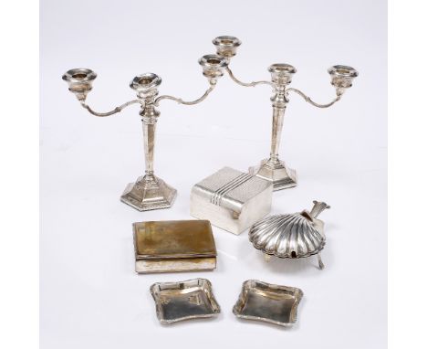 A PAIR OF SILVER THREE BRANCH CANDELABRA by Sanders & Mackenzie, Birmingham 1964, a silver cigarette box by Deakin & Francis 