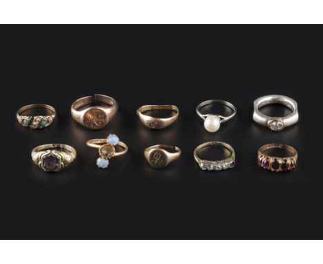 A COLLECTION OF RINGS, comprising an old-cut diamond half hoop ring, stamped '18ct' (one diamond deficient), a cabochon opal 