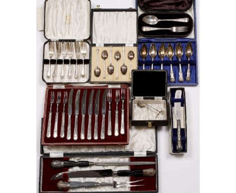 A SET OF SIX SILVER COFFEE SPOONS, cased; various other cased sets of silver flatware, to include a set of six pastry forks, 