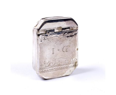 A GEORGE II SILVER EIGHT SIDED SNUFF BOX with hinged lid engraved I.G. within a scrolling border, marks partially erased but 