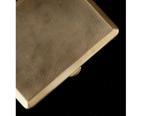 A 9CT GOLD CIGARETTE CASE, of hinged rectangular form, with engine-turned decoration and elasticated retainer, inscribed to i