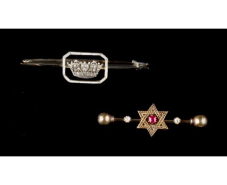 THREE BAR BROOCHES, comprising an enamel and diamond set naval crown brooch, the rose-cut diamond set crown within an openwor
