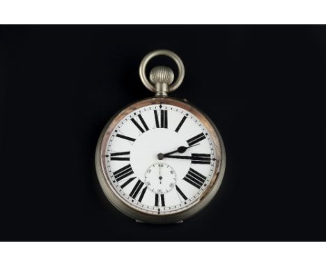 A GOLIATH POCKET WATCH, the white enamel dial with Roman numerals and subsidiary seconds dial, in nickel case, case diameter 