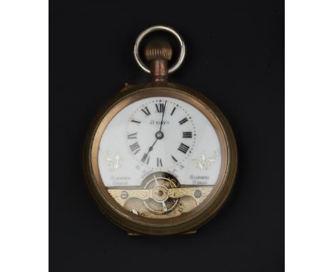 AN EIGHT DAY POCKET WATCH BY HEBDOMAS , the ¾ white enamel dial with Roman and Arabic numerals, to a bi-colour hunter case wi