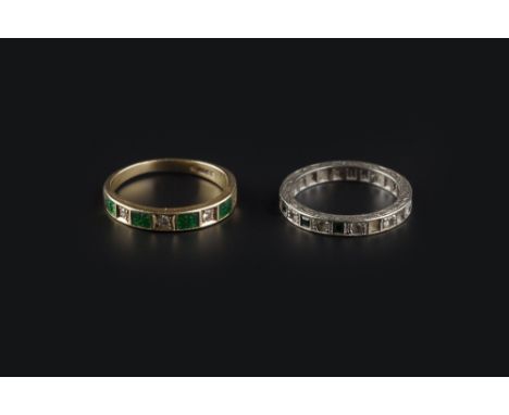 A DIAMOND SET HALF HOOP RING, the round brilliant-cut diamonds spaced by green enamel panels, 18ct gold mounted, together wit