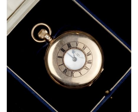 A 9CT GOLD HALF HUNTER POCKET WATCH BY J W BENSON, the white enamel dial with Roman numerals and subsidiary seconds dial, to 