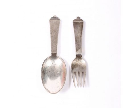 A DANISH CHILD'S FORK AND SPOON by Georg Jensen, the handles with stepped terminals, 10.2cm long (2)