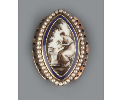 A GEORGIAN MEMORIAL NECKLACE CLASP, the navette-shaped ivory panel painted en grisaille to depict a lady in mourning, seated 