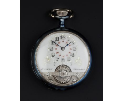 AN EIGHT DAY POCKET WATCH BY HEBDOMAS , the ¾ white enamel with Arabic numerals, to a blued metal case, watch case diameter 4