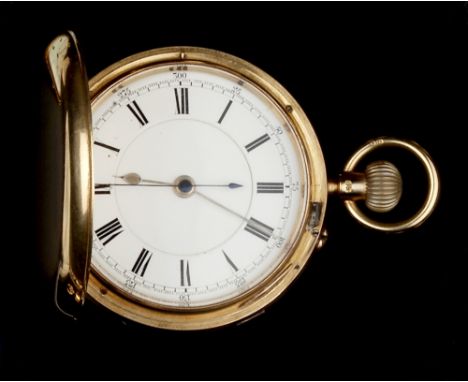 AN EDWARDIAN 18CT GOLD HUNTER POCKET WATCH, the white enamel dial with Roman numerals, minute scale and outer scale 0-300, to