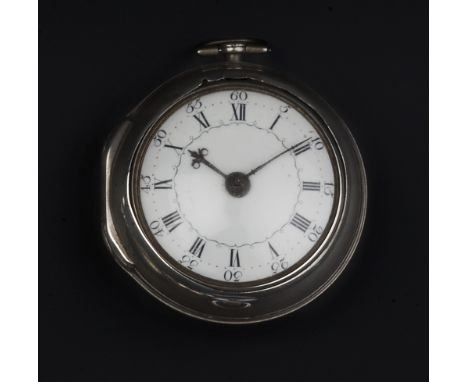 AN 18TH CENTURY SILVER PAIR CASE POCKET WATCH, the white enamel dial with Roman numerals and Arabic five minutes, to verge mo