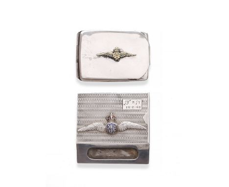 AN ENGINE TURNED SILVER RAF MATCHBOX COVER with 'winged' insignia and presentation date 26.2.40, Birmingham 1929 by Deakin & 