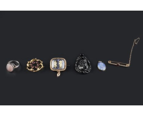 A SMALL COLLECTION OF JEWELLERY, comprising a seed pearl and gem set brooch/pendant, stamped '9c', a similarly set bar brooch