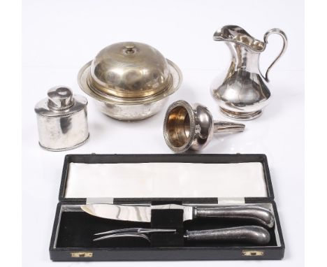 A SILVER PLATED WINE FUNNEL, muffin dish, tea caddy, baluster jug and a carving knife and fork in case (5)