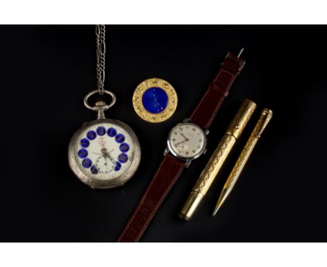 A COLLECTION OF MISCELLANEOUS ITEMS, to include a rolled gold fountain pen and pencil, an open face pocket watch with enamel 