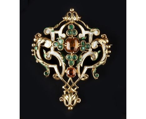 A VARI GEM-SET AND ENAMEL BROOCH/PENDANT, the openwork cartouche of foliate scroll design, heightened with green and white en