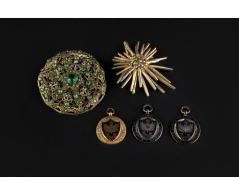 A COLLECTION OF JEWELLERY, to include a 9ct gold and enamel medallion pendant, inscribed, (later loop fitting), two silver an