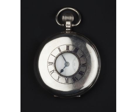 A SILVER HALF HUNTER POCKET WATCH, the white enamel with Roman numerals and subsidiary seconds dial, to Swiss movement and De