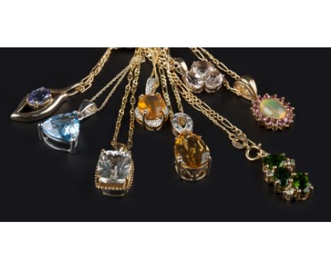 A COLLECTION OF VARI GEM-SET PENDANT NECKLACES, to include a fire opal and diamond set pendant, mounted in 9ct gold, suspende