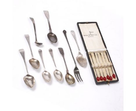 A SET OF SEVEN SILVER TEASPOONS VARIOUS DATES AND MAKERS, to include two fiddle pattern spoon one by William Eley & William F
