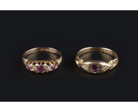 TWO RUBY AND DIAMOND SET RINGS, the first an Edwardian five stone ring, alternately set with circular mixed-cut rubies and si