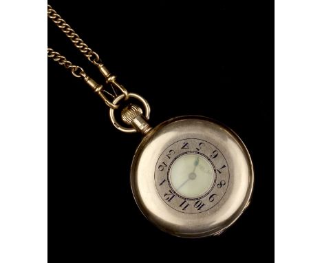 A 9CT GOLD HALF HUNTER POCKET WATCH AND AN 18CT GOLD ALBERT CHAIN, the watch with white enamel dial, Arabic numerals and subs