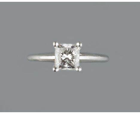 A DIAMOND SINGLE STONE RING BY BLUE NILE, the rectangular modified brilliant-cut diamond weighing 1.08ct, in four claw settin