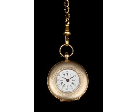 A HALF HUNTER FOB WATCH, the white enamel dial with Roman and Arabic numerals, to an engine-turned case with monogrammed cart