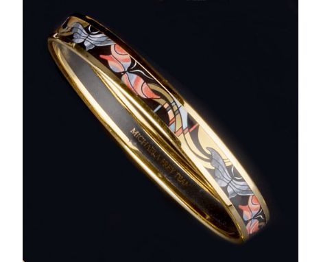 TWO ENAMEL BANGLES BY MICHAELA FREY, the first decorated with butterflies and scrolls, the second of geometric design, inner 