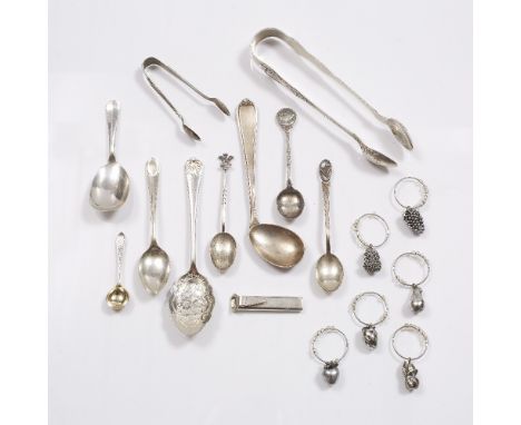 A COLLECTION OF VARIOUS SILVER TEASPOONS AND MUSTARD SPOONS, two pairs of sugar tongs, a fork, a child's pusher and a posy ho