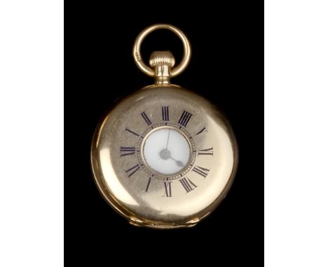 A HALF HUNTER POCKET WATCH AND ALBERT CHAIN, the white enamel dial with Roman numerals, to keyless wind movement, the case wi