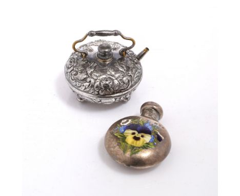 A SILVER AND POLYCHROME ENAMEL SCENT FLASK with pansy and forget-me-not decoration (losses), London 1889, makers mark G.W. pe