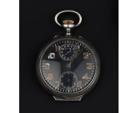 A SILVER OPEN FACE POCKET WATCH BY ZENITH, the black dial with Arabic numerals, subsidiary seconds and alarm dials, to keyles