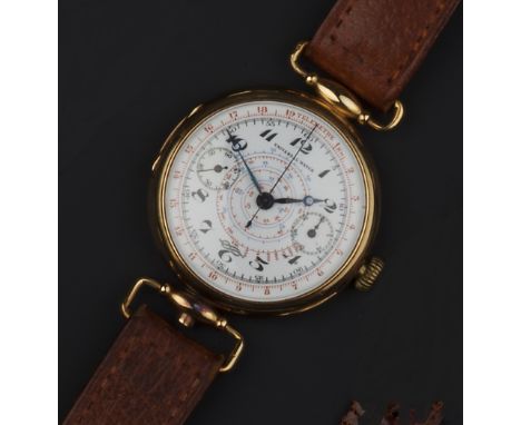 A GENTLEMAN'S CHRONOGRAPH WRISTWATCH BY UNIVERSAL, the circular white enamel dial with Arabic numerals, centre seconds hand a