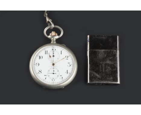 AN OPEN FACE POCKET WATCH BY LONGINES, the white enamel dial with Arabic numerals, two subsidiary dials and outer scale 0-60,